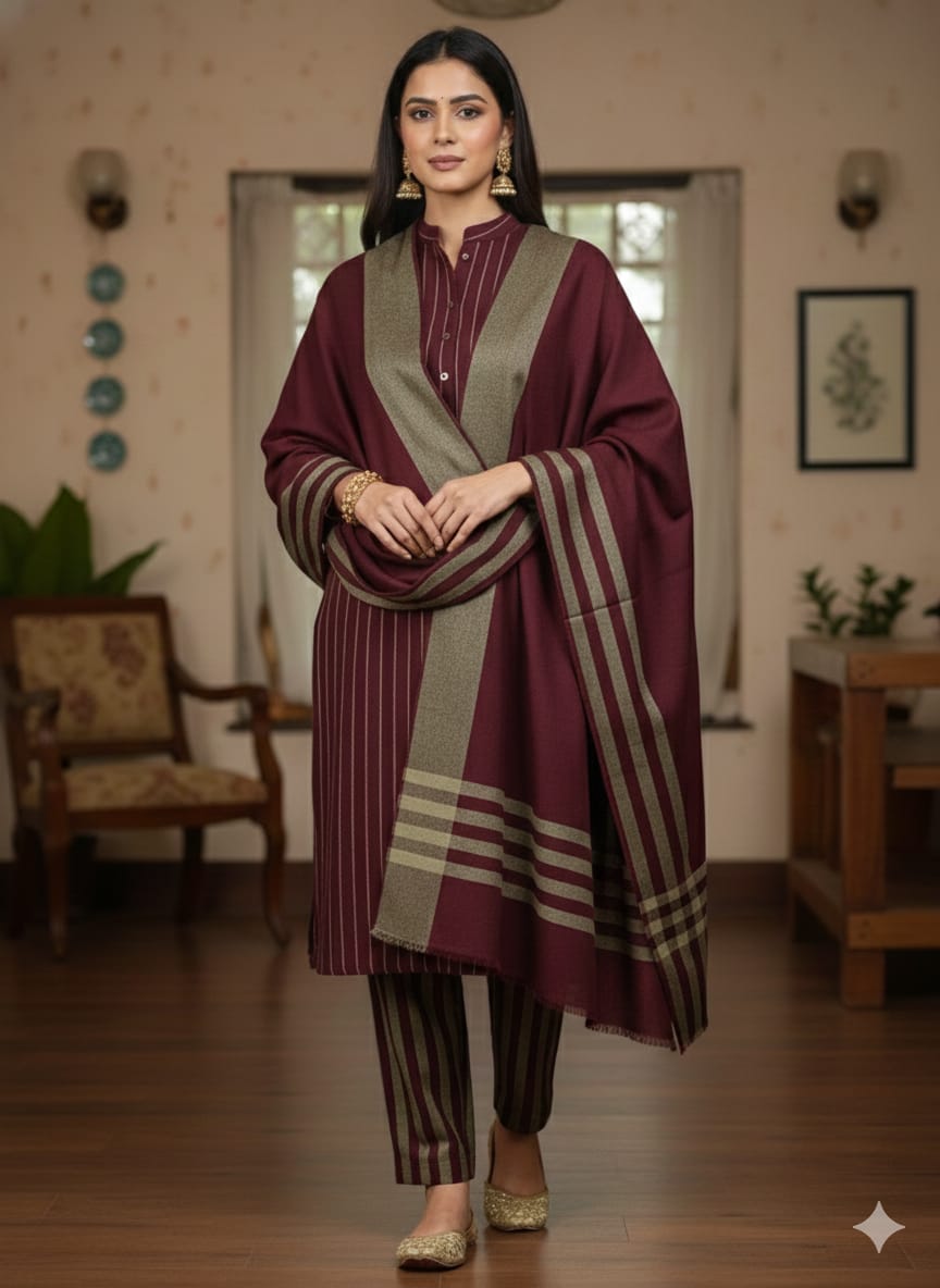 Marina Fabric Mehroon 3 Piece Suit for Women – Winter Collection